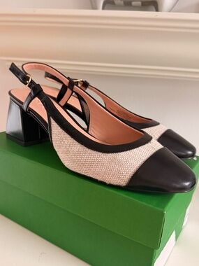J. Crew Layne Cap Toe Heels in Spanish Canvas and Polished Black Leather NEW